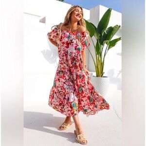 Ivy City Co Harvey Short Puff Sleeve Midi Dress Midi Length Pink Multi Floral XS